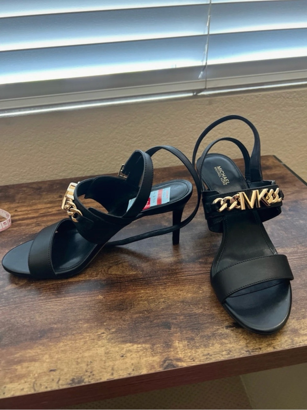 Michael Kors Black Leather Slingback Sandals with Gold MK Chain - Picture 2 of 7